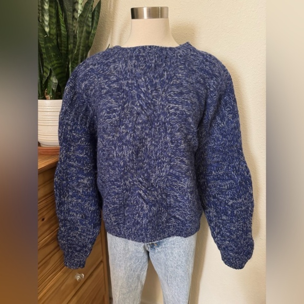 Vintage Hand Knit Wool Fisherman‎ Sweater Marled Blue Large